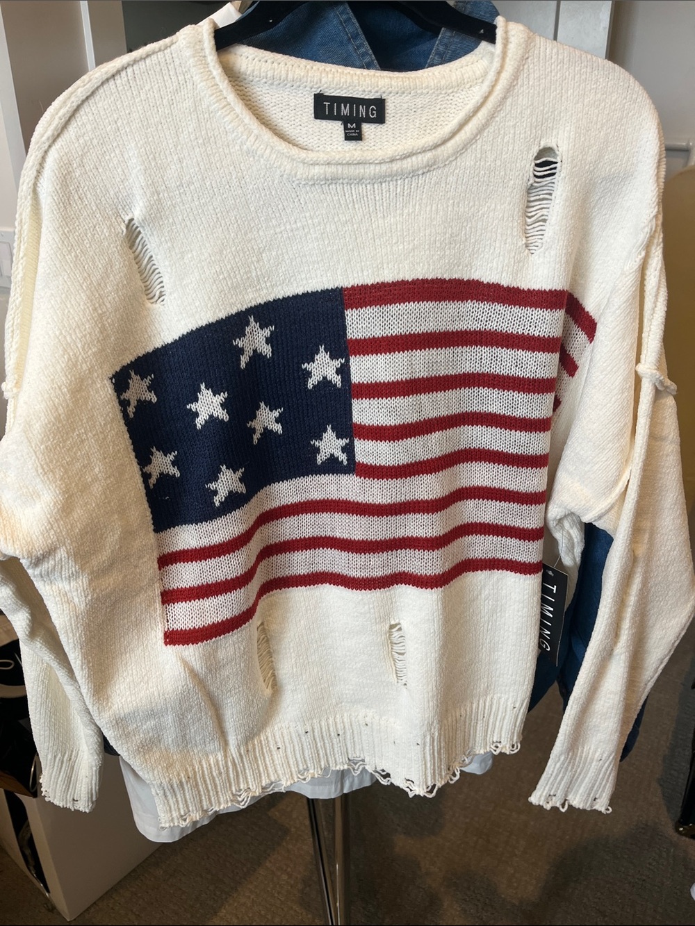 Timing Cream Knit Sweater with Americana Flag Motif